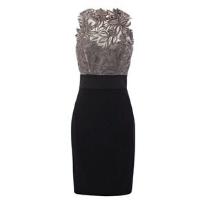 Karen Millen DL232 Silk Embroidered Lace Bodice Sheath Dress Black Taupe US 12